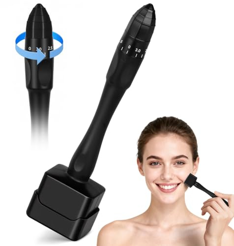 ALIIP Derma Stamp Justerbar, 0-3 mm Microneedling Dermapen Professionell, Verktyg med 100 Pinnar med Mikronålar För Män och Kvinnor, Derma Roller för Hår, Skägg och Ansiktsvård (Svart)