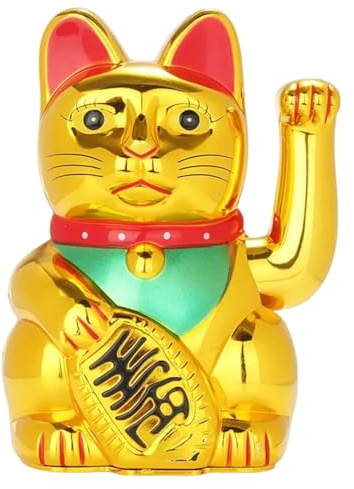 WEGLOK Glückskatze mit Winkearm, Winkekatze Gold Meneki Neko Winke, chinesische Katze, Reichtum, einladender Maneki Neko mit Winkearm, Glücksbringer, süße Winkekatze, 8,2 x 8,2 x 13,5 cm