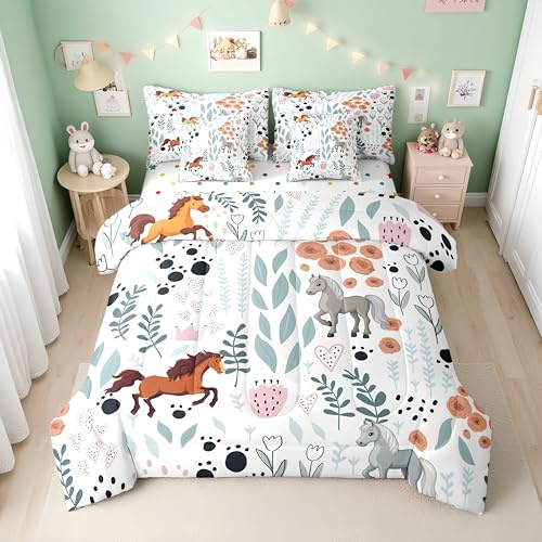 Erosebridal 7 Piece Kids Horse Twin Comforter Set with Sheets, Cute Horse Bedding Sets for Girls Boys Bedroom Decor, Farmhouse Animal Print Fitted Flat Sheet, Pink Flower Green Leaf Bed in a Bag