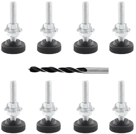 8 stycken justeringsskruvar M8 x 50 mm, justerbara möbelfötter, ställfötter, nivelleringsfötter, höjdjusterbara fötter, reglerskruv med slagmuttrar, låsmuttrar och metallborrar för möbelskåp