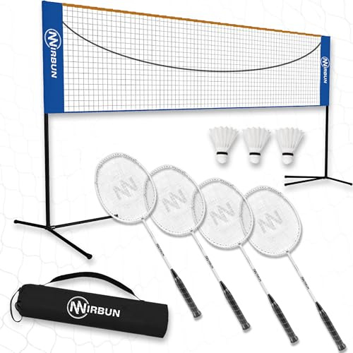 Nirbun – Set da badminton per 4 giocatori con rete | Racchette professionali + 3 volani + borsa per il trasporto | Robusta struttura in metallo | Rete da 5,1 | Gioco per famiglie per interni esterni