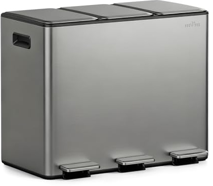 mVm Mülleimer Küche,45 Liter Treteimer,3 x 15 Liter Treteimer, 3 Fächer, Mülltrennsystem, Abfalleimer Küche mit Inneneimer aus Kunststoff,Metall,Klappdeckel, Softclose, Luftdicht