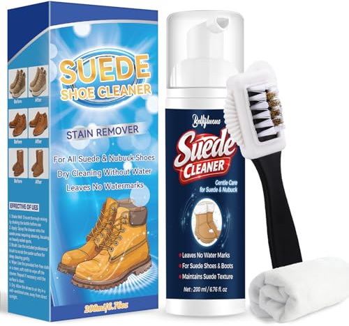 Bellifluous Suede Cleaner, Suede Shoe Cleaner, 200ml Trainer Cleaning Kit with Brush for Shoes Sneaker Boots, Shoe Cleaner Kit with Brush & Towel Reduces Dirt Stains & Water Marks