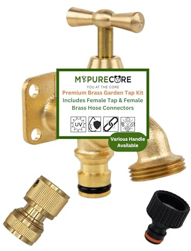 MYPURECORE Brass Garden Tap Kit – 3/4 BSP Outdoor Bib Tap with Female Tap Connector & Solid Brass Hose Connector, Heavy-Duty Quick Connect Garden Tap Set for Garden & Irrigation (Classic Handle)