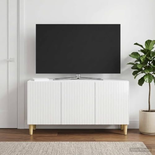 Boltkex Högglans TV-skåp vitt av trämaterial 99 x 34,5 x 50 cm, TV-bänk lågbord mediamöbler med 3 svängdörrar, för husvägg hemmabio, prydlighet