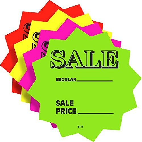 100 3 Sale Price Signs Fluorescent Neon Die Cut Solar Star Burst Retail Cards 25 Each Color, 1 Pack
