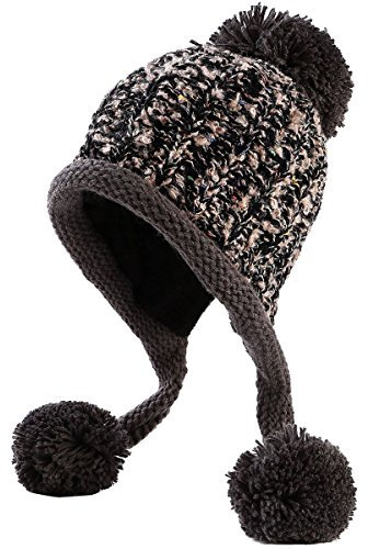 XRDSS Damen Strickmütze Bommel Pompon Wintermütze mit Ohrenklappen (Schwarz)