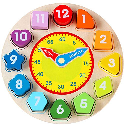 Jacootoys Wooden Shape Sorting Clock Toy with Number and Shape Educational Game Gift for Children