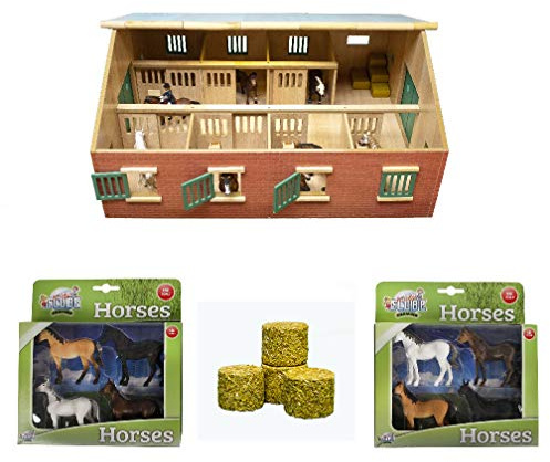 Kids Globe Farming Reiterhof Bauernhof Pferdestall Holz mit Zubehör 1:32 mit 7 Boxen, Spielzeug Pferdehof, mit praktischem Faltdach, für alle gängigen Tierfiguren