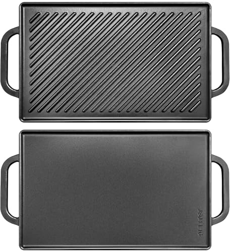 GGC Cast Iron Reversible Grill Griddle，Double Sided Grill Pan Perfect for Gas Grills and Stove Tops, 13 x 8.25 Rectangular Baking Flat and Ribbed Griddle Plate