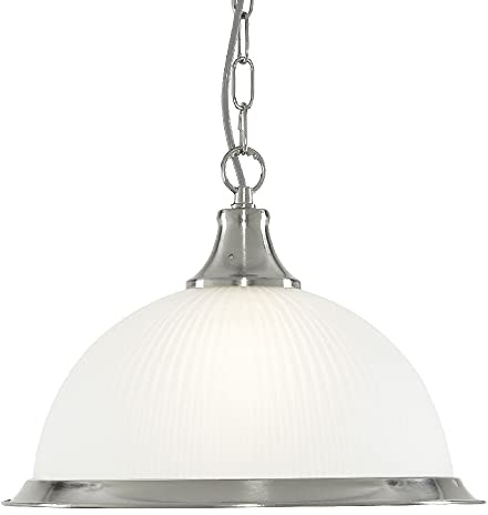 Britalia Satin Silver Chrome & Frosted Ribbed Glass Dome Vintage Pendant Ceiling Light | 34cm Diameter | 1 x E27 ES Lamp Bulb Required (Not Included) | American Diner Retro Design