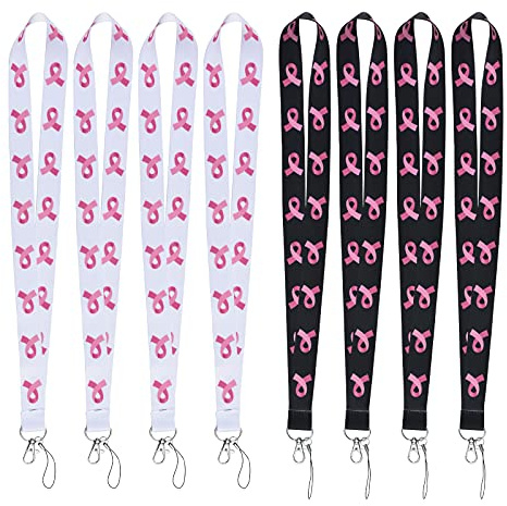 WANDIC 8 PCS Octobre Rose Porte Clé Cordon Tour de Cou,Rorte-Badge Tour de Cancer du Sein Lanière Accessoires Décoratifs,pour Porte-clés Badge d'identité,Téléphone(Noir, Blanc)