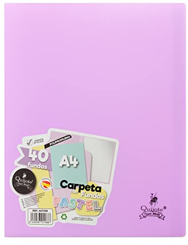 CARPETA CON FUNDAS QUIJOTE PAPER WORLD - Carpeta con fundas PVC, A4, sin espiral, fundas transparentes, colores pastel - 40 FUNDAS LILA