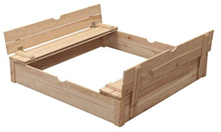 Holz Sandkasten Robert blank groß (SwingKing) für den Outdoor im Garten | Mit 2 Bänken und Deckel | FSC Holz