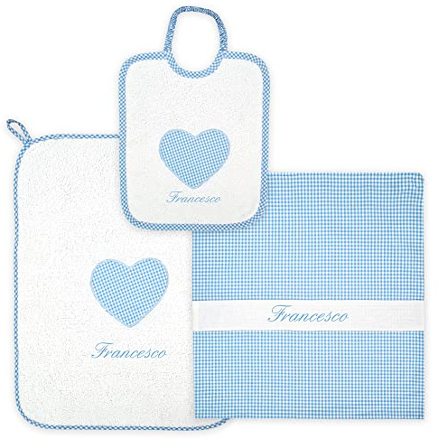 Coccole - Set Asilo Materna Personalizzato - Set Bavaglino, Sacca e Asciugamano - Kit Asilo Materna 3pz per Bimbo con Tema Orso Azzurro - Kit Personalizzabile in Cotone 100% Made in Italy