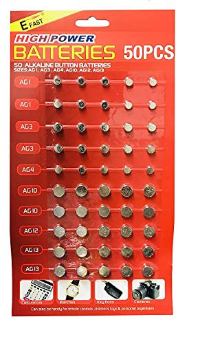 50 Pack Assorted Mixed Alkaline Button Cell Batteries AG1/LR621 | AG3/LR41 | AG4/LR66 | AG10/LR54 | AG12/LR43 | AG13/LR44 Battery for Watches, Toys, Calculators, Key Fobs