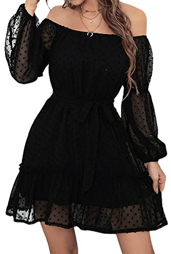 BebreezChic Kleid Damen Elegant Langarm Off Shoulder Einfarbig Swiss Dot Luftig Sommerkleid Minikleider Partykleid Strandkleid mit Gürtel, Schwarz L