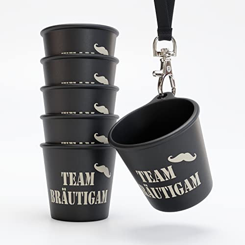 SoPro 6x Schnapsbecher zum Umhängen 4 cl wiederverwendbar - Schnapsgläser JGA 40 ml schwarz - Schnapsglas zum Umhängen, JGA Schnapsgläser