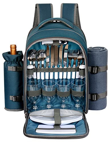 Hap Tim Picnic Basket Backpack for 4 Person with Blanket, Wine Holder, Cooler Compartment, Cutlery Set, Couples Gifts, Mr & Mrs Gifts, Bridal Shower Gifts, Registry Wedding Registry, Blue (3065-BL)