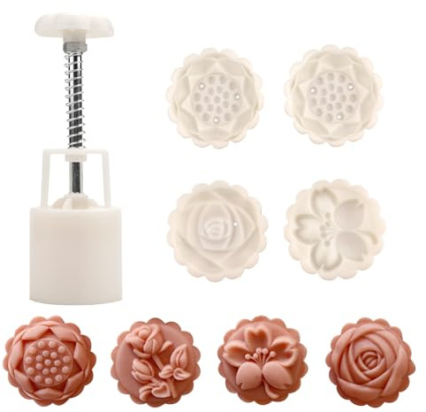 Pink Chinese flower moon cake press mold, hand pressed mooncake dessert DIY, moon cake puff pastry 1 mold with 4 stamps for various holidays, parties (4*Flower)