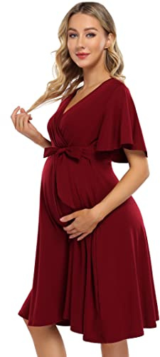 KOJOOIN Robe de maternité pour femme - Robes d'allaitement - Robe de grossesse - Robe d'allaitement - Robe 3/4 manches A-Line col V, Bordeaux, XXL