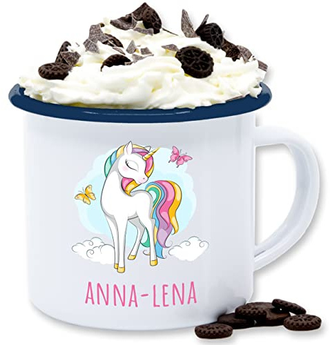 Emaille Tasse Blechtasse - Einhorn mit Name personalisiert Geschenk Unicorn I Einhörner Kinder Geschenk - 300 ml - Weiß Blau - personalisierte becher kindertasse unicorns personlisierte tassen