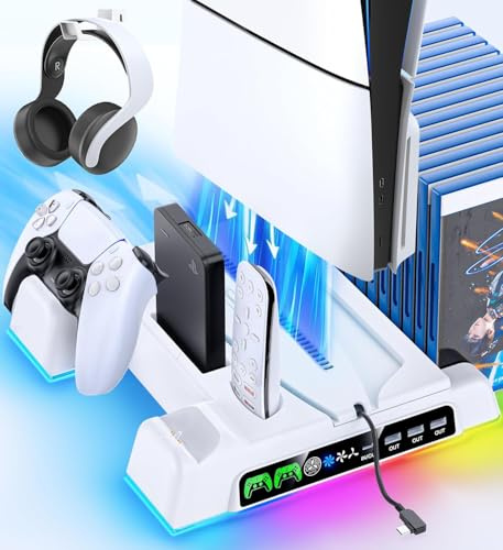 Soporte para PS5/Slim/Pro con Refrigeracion, Ventilador PS5 de 3 Velocidades, Soporte PlayStation 5 RGB con Indicador LED & Cargador Mando PS5, Accesorios PlayStation 5