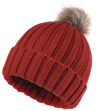 Zylioo S-M Kleine Bommel Wintermütze Mit Fleece Fütterung,Bobble Strickmütze Mit Pom Pom,Winter Warme Beanie Mütze Skull Watch Cap