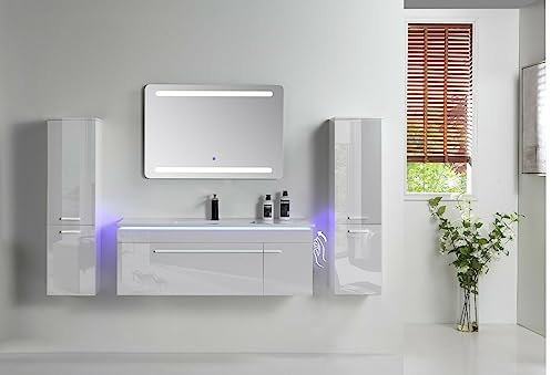 Faizee Möbel | 6-teiliges Badmöbel-Set 90 cm Weiß Hochglanz – Keramik-Waschbecken & LED-Spiegel – Seitenschrank rechts | Modernes Design fürs Bad