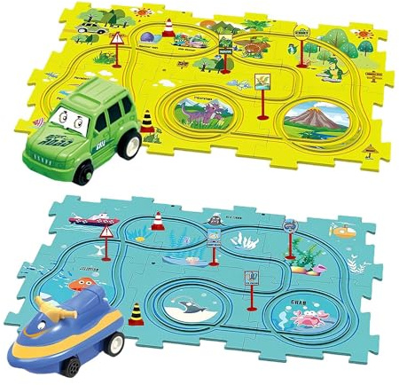 Auto Spielzeug Autorennbahn Spielzeugauto DIY-Puzzlebahn für Kinderspielzeug DIY-Route Cars Spielzeug Geschenkspiele für Kinder Spielzeug ab 2 3 4 5 6 Jahren (Dinosaurier x6/Ozean x6)