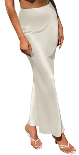 Odizli Falda de satén para mujer, larga, elegante, de verano, cintura alta, una línea, Blanco, M