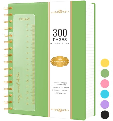 NIRMIRO A5-Notizbuch, gebunden, 300 Seiten/150 Blatt, Spiralbindung, Notizbuch für Damen/Herren, 100 g/m², liniertes Papier, kein Verlaufen, grüner PVC-Einband, 14,5 x 20,7 cm