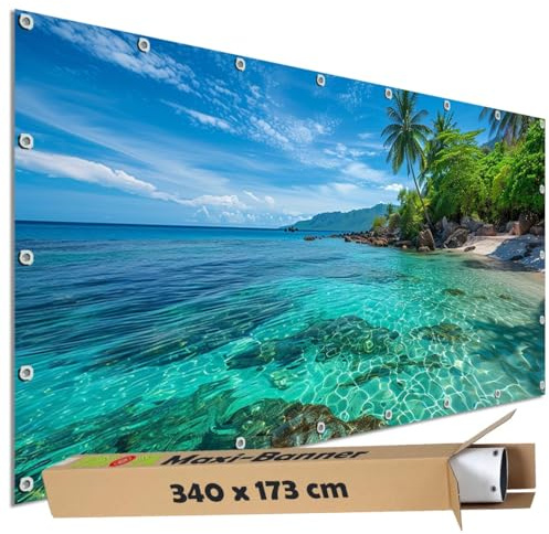 TRIOSK Sichtschutz Garten Dekoration Plane groß mit Motiv Malediven Insel Felsen Strand Lagune Motivbanner Blickdicht für Terrasse Zaun Gartenzaun Gartenposter PVC Zaunblende 340x173 cm
