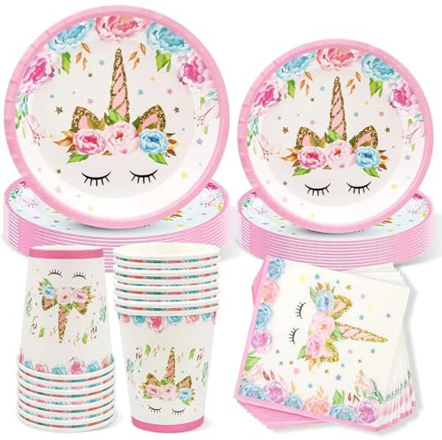 YASYU Ensemble de vaisselle jetable de 64 pièces comprenant des assiettes, des gobelets et des serviettes en carton licorne pour 16 enfants, idéal pour un anniversaire, une fête prénatale, des