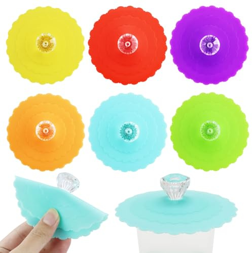 6 Pcs Silicone Glass Cup Covers, Reusable Anti-Dust Drink Lids, Creative Round Diamond Mug Covers