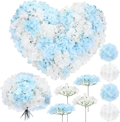 Zeyune 100 Pcs Artificial Hydrangea Flowers Bulk, White & Blue Silk Hydrangea Heads with Stems for Wedding Centerpieces Bouquets DIY Floral Arrangements Table Decor Party Home Decorations