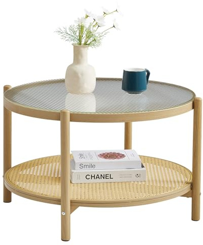 COSVALVE Boho Rattan Coffee Table, Round Glass Metal Center Table, Modern Simple 2 Tier Middle Table for Small Space Living Room Bedroom Office Meeting Room