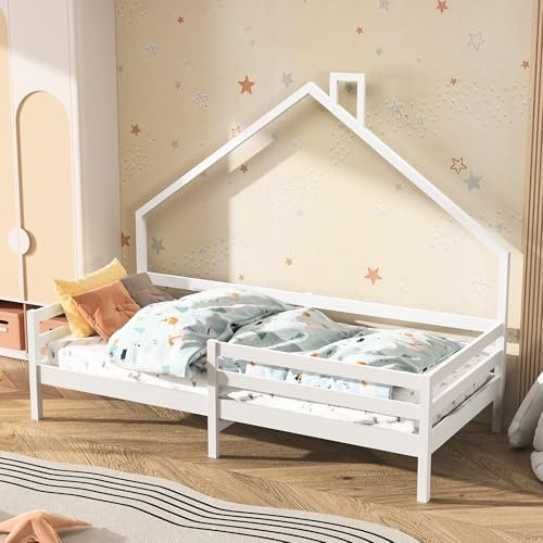 LEMCC 200x90cm Kinderbetten Hausbett Kinderbett Bettgestell Haus mit Rausfallschutz Weiß Holzhaus Bettgestell mit Lattenrost für Jungen und Mädchen Keine Matratzen