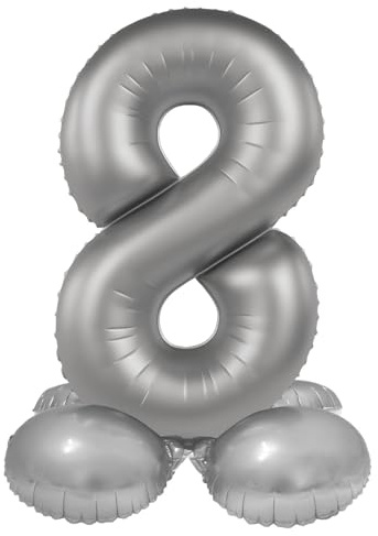 Folat 10598 Zahlen Luftballon Silber Stehender Folienballon Zahl 8 - Moonlight Silver - Satin Gloss - 41 cm - Party Deko Ballon für Kinder Geburtstag Jubiläum, kein Helium erforderlich