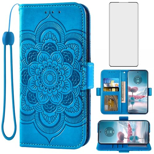Asuwish Funda para Motorola Edge 40 Neo con Cristal Templado Protector Pantalla Vidrio Pelicula Protectora Libro Cuero Piel Tarjetero Soporte Moto Edge40Neo 5G Tapa Carcasa Protección Capa Case Azul