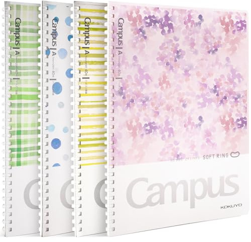 Kokuyo Spiral Notebook Journal, 4 Pack Campus B5 Soft Ring Notebooks with Dotted A 7mm Rule, 40 Sheets, Aesthetic 1 Subject Notebook in Blue Pink Yellow Green, College Office Note Taking. Japan Import