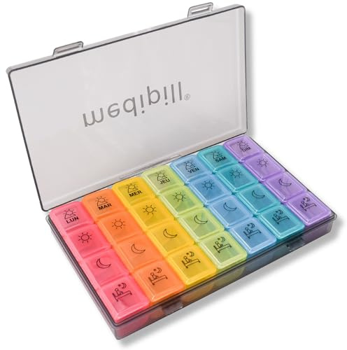 MEDIPILL - Medikamentendosierer für 7 Tage, 4 Einnahmen morgens Mittagessen Nacht liegend | 28 Fächer | Medikamentenbox | Schwarz – Regenbogen | MED-BOX28-NA