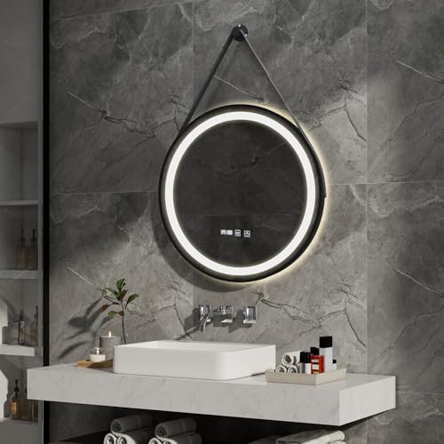 YOURLITE Runder Badspiegel mit Beleuchtung 60cm, LED Spiegel mit Touch-Schalter, Badezimmerspiegel mit 3 Lichtfarben Dimmbar, Abnehmbar Band, Antibeschlag, Speicherfunktion, IP44, Schwarz