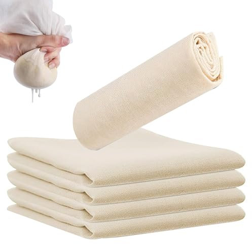 Jortmrd 5 Piezas 80x80cm Tela Filtrante Reutilizable de Algodón Natural,Paño Ultrafino para Hacer Queso,Colar Leche de Nuez,Yogurt,Vino,Café Frío,Tofu y Jugos,Muselina Lavable Multiusos sin Blanquear
