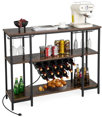 TANGZON Wine Rack, 15 Bottle 3-Tier Wine Bar Cabinet with 2 AC Outlets, 2 USB Ports, Glass Holders & Anti-tipping Device, Freestanding Drinks Storage Sideboard Unit for Home Bar (Rustic Brown)
