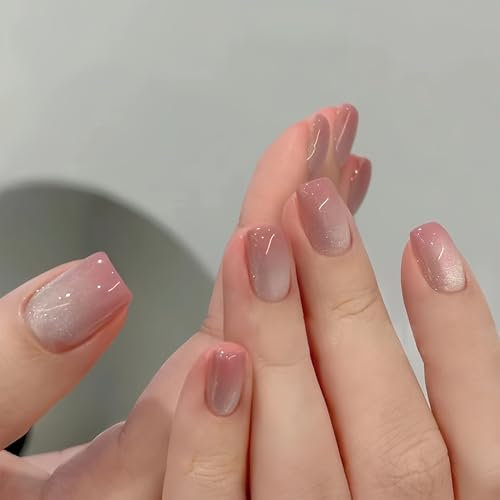 30 Stück Cat Eye Künstliche Nägel Kurz, Pink & White Gradient Press on Nails, Quadratische Nägel Zum Aufkleben Kurz, Full Cover Glossy Künstliche Fingernägel für Frauen Maniküre Nail Art