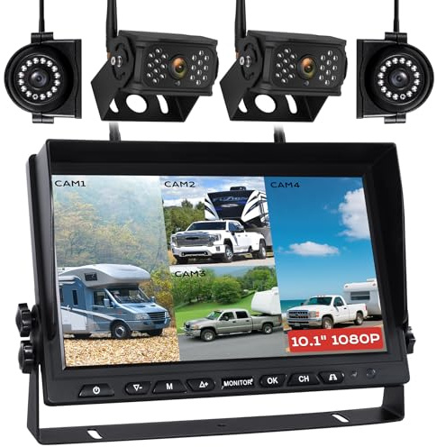 WOOCARTY 10.1 Wireless RV Backup Camera System, 2 Rear Cameras & 2 Side Cameras for Reversing/Monitoring Trailer Truck Pickup Camper, 1080P DVR Monitor, IP69K Waterproof IR Night Vision Camera, WN4