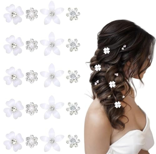 WUSJCOF 20 Mini Fermagli a Forma di Fiore, Graziose Forcine, per Capelli, Mollette Capelli Bambina, Fermaglio Comunione Bambina, Accessori per Capelli da Sposa per Ragazze e Donne (Fiori Bianchi)