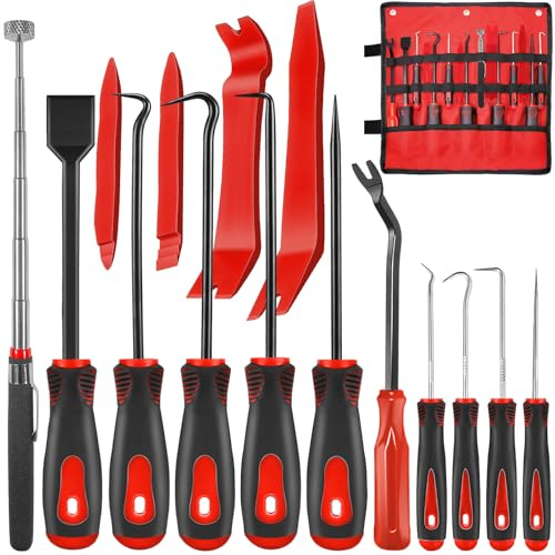 KEZE 15 Pcs Carbon Steel Precision Pick & Hook Set with Scraper and Magnetic Telescoping Tool Kit for Remove Automotive Electronics Maintenance Hoses Gasket Hand Pick Up Tools