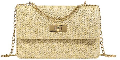 XFSRG Strandtasche Damen Stroh Bohème Crossbody Sommer Elegant Handtasche Strohtasche mit Abnehmbarer Kette für Strand Urlaub Reisen(Khaki)
